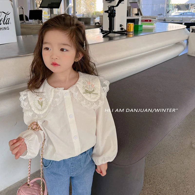 女童白色娃娃领公主衬衫儿童春秋长袖衬衣宝宝上衣春装衣服娃娃衫