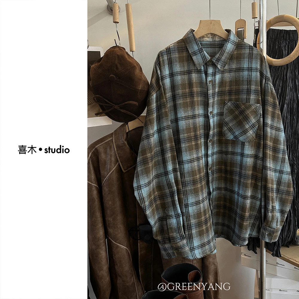 老羊家~美式复古情侣格子衬衫秋新款宽松休闲长袖潮衬衣上衣男女