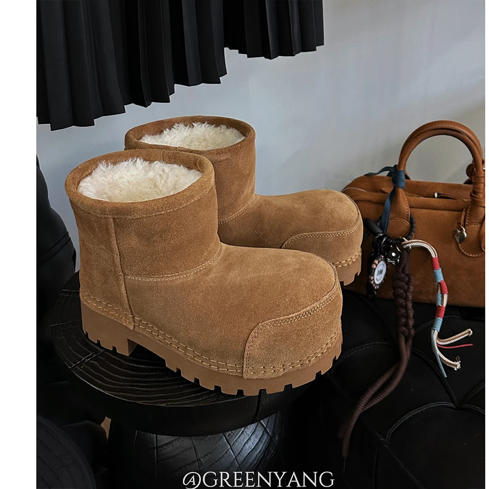 老羊家~大头雪地靴女丑萌圆头保暖棉靴厚底增高短靴棉鞋女款高靴