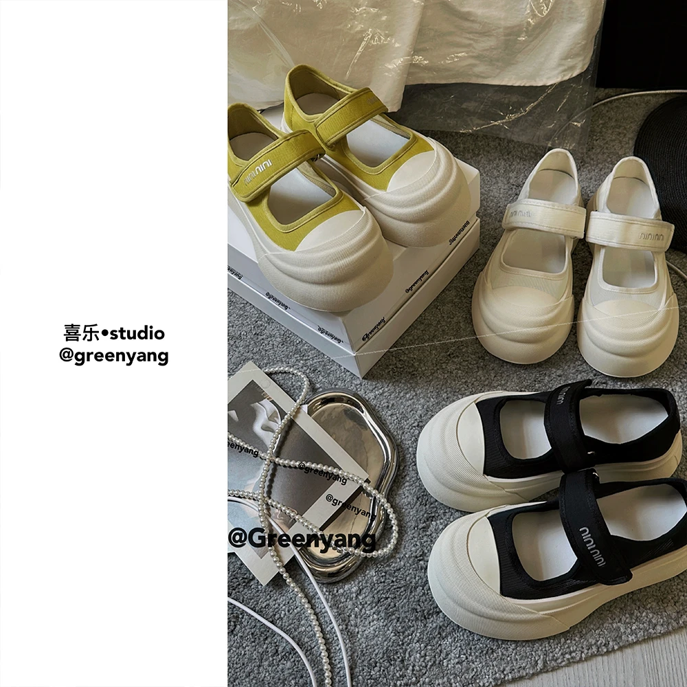 老羊家~网面镂空玛丽珍厚底露思同款大头复古丑萌魔术贴休闲鞋女