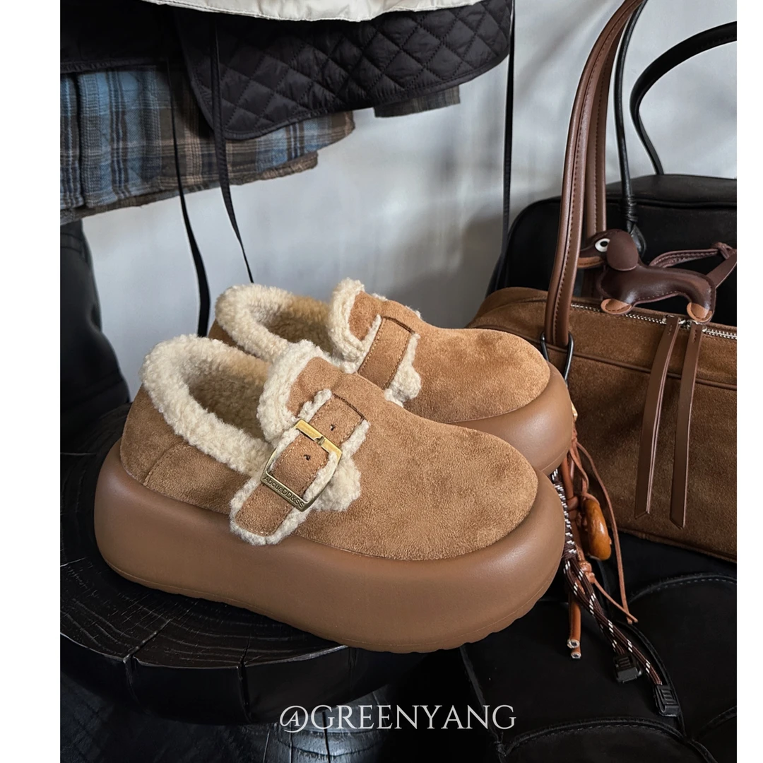 老羊家~2024年新款保暖加绒棉鞋毛毛扣带厚底勃肯雪地靴女冬季