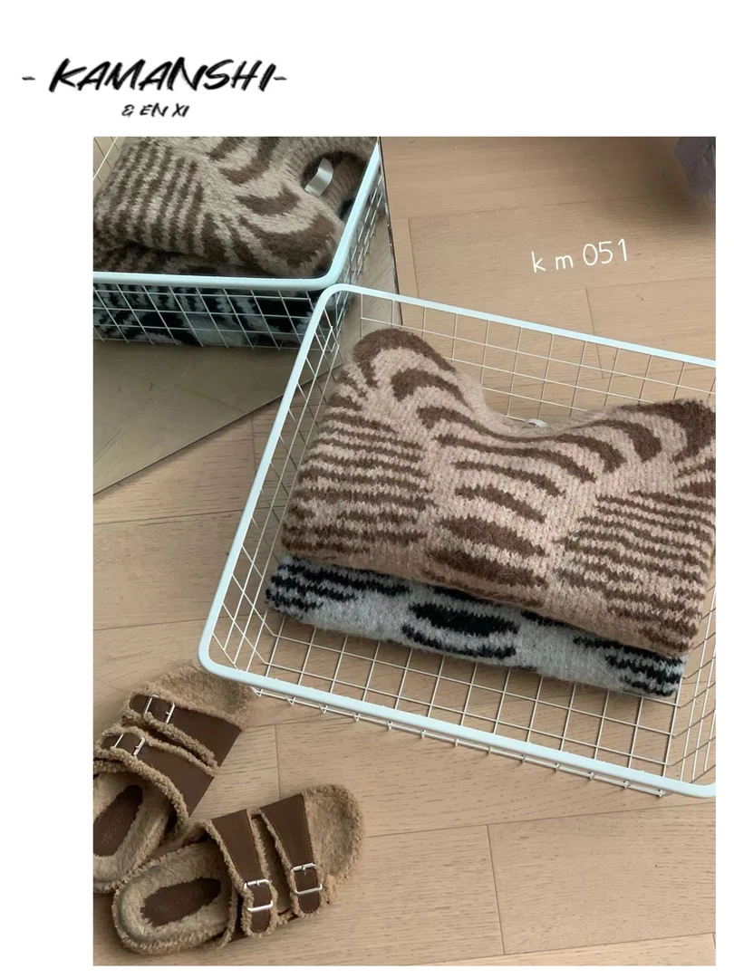 KAMANSHI/卡蔓诗【051】秋冬豹纹圆领羊驼毛衣百搭女韩版