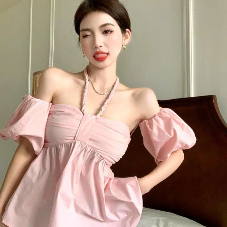 辣妹短袖一字肩吊带小背心夏季纯欲风外穿短款挂脖气质内搭上衣