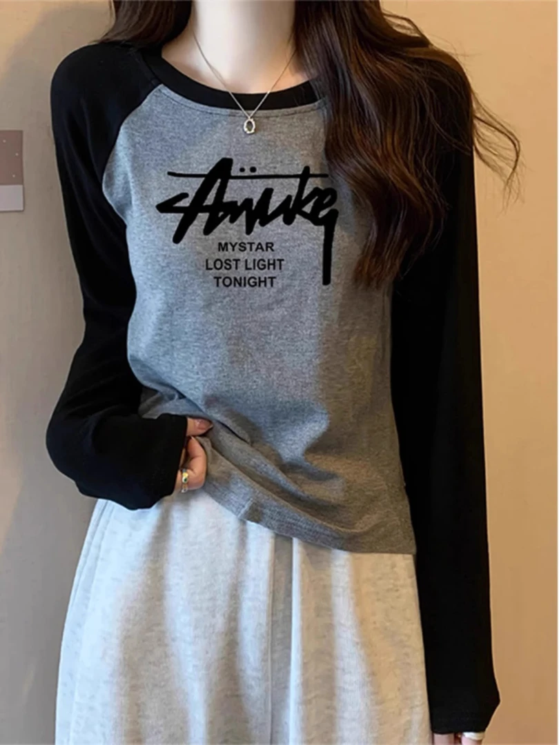 美式拼色长袖T恤女装2025秋季新款设计感字母印花内搭打底衫