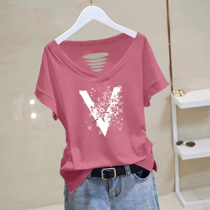 破洞V领短袖t恤女2025夏季新款韩版大码宽松小众遮肚洋气上衣