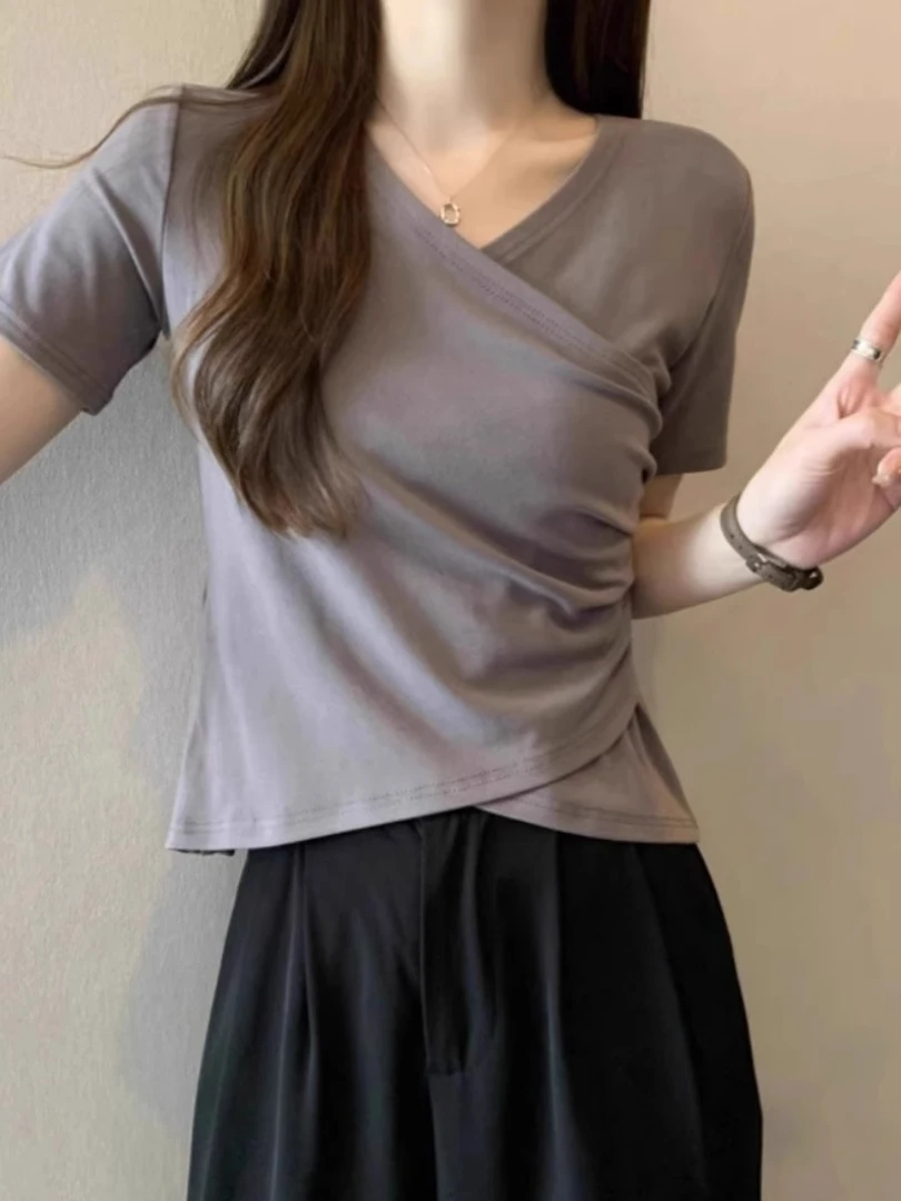 大码鸡心领短袖T恤女夏季胖MM正肩短款小衫显瘦不规则V领交叉