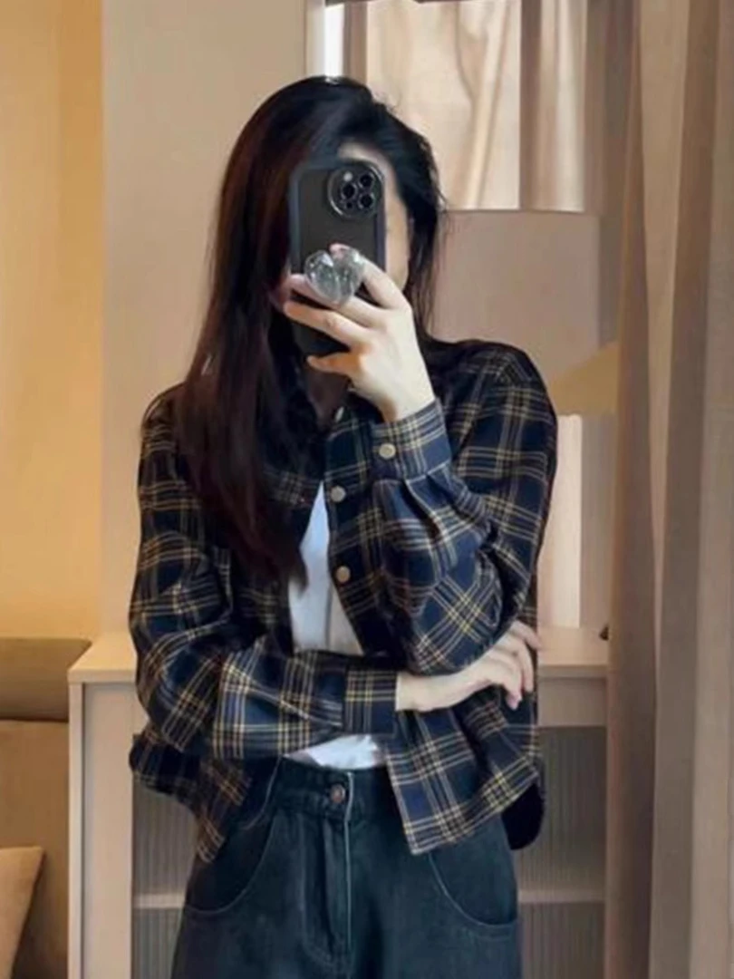 格子长袖衬衫女2025早秋新款时尚宽松短款衬衣外套polo领开衫