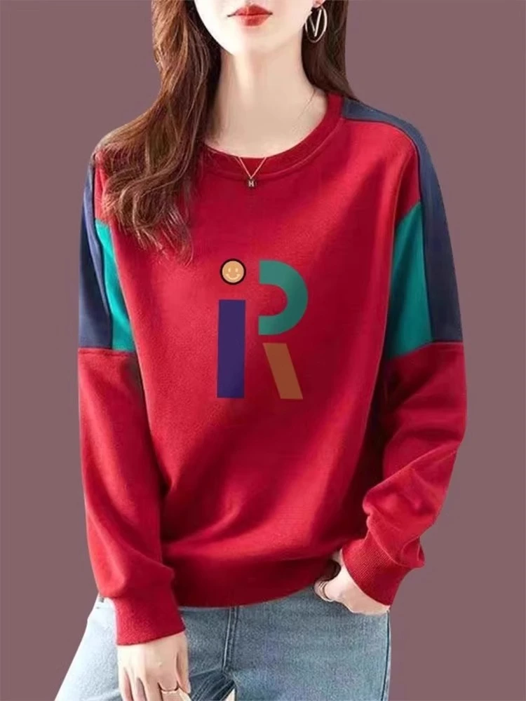 欧货安可拉红印花长袖T恤女2025春秋宽松显瘦卫衣打底衫内搭