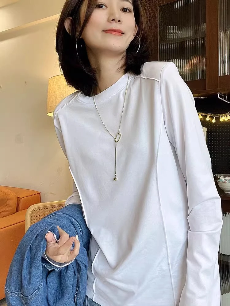 2025白色长袖t恤打底衫女垫肩高端宽松叠穿上衣2025早春小众设计