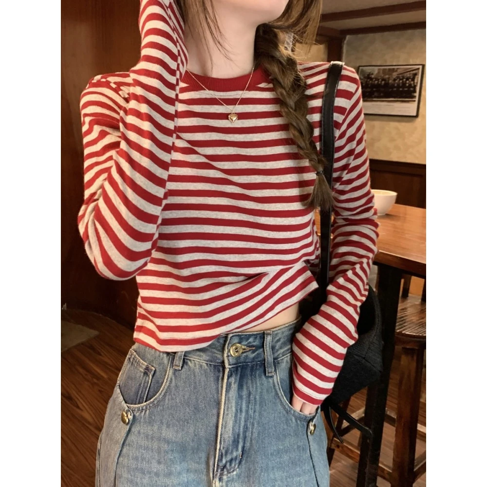 2025新款韩系条纹T恤女短款春秋冬季内搭打底衫长袖甜辣百搭