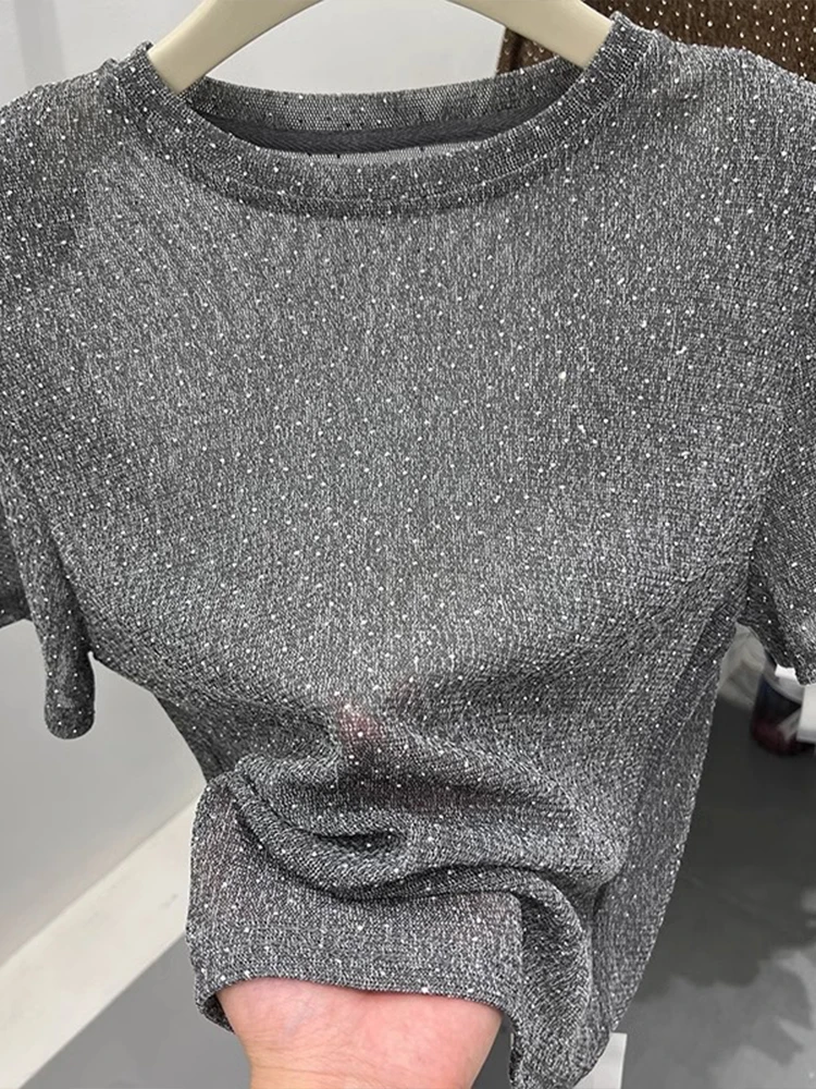 灰色高级感短袖T恤女夏季亮丝重工烫钻亮闪闪垫肩薄款面膜上