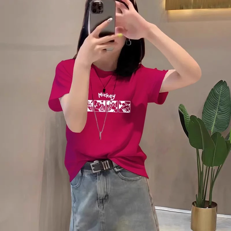 印花正肩短袖t恤女2025年新款春夏休闲百搭显瘦圆领玫红色体