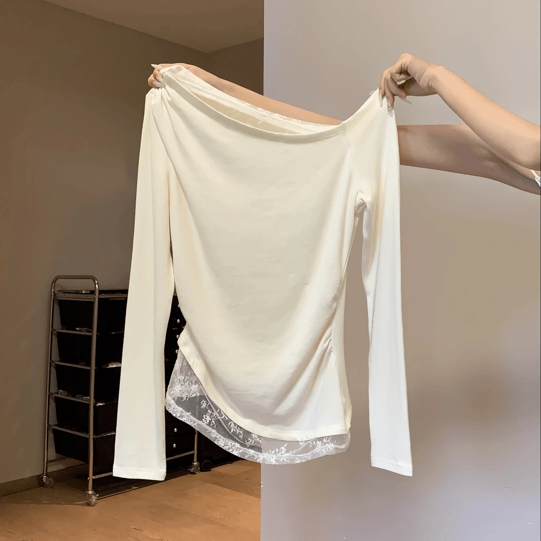 纯欲斜肩蕾丝拼接长袖t恤女2025秋季修身设计感打底衫上衣202