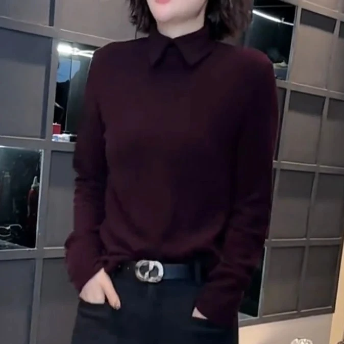 高贵紫色双面绒娃娃领长袖t恤女减龄时尚冬季新款保暖打底衫