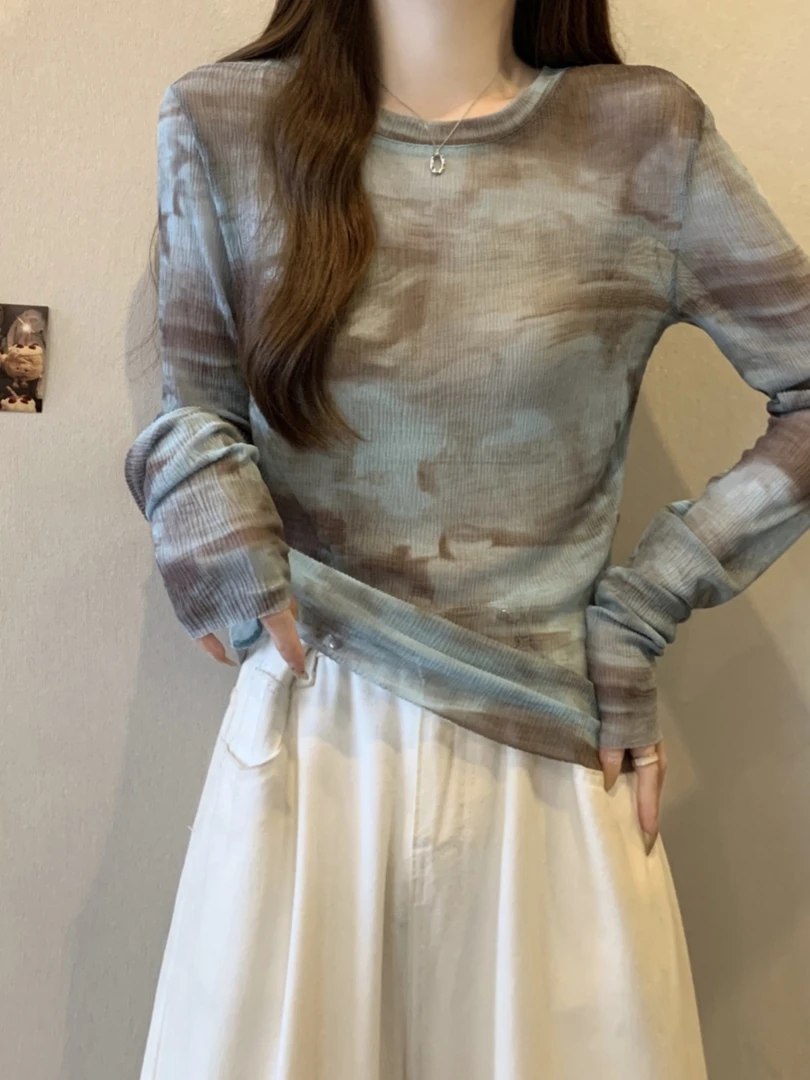 薄款微透水墨晕染扎染防晒t恤夏大码胖mm外搭罩衫超好看独特