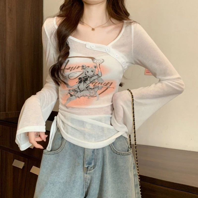 2025纯欲风设计感印花喇叭袖女夏衬衫上衣薄款抽绳修身显瘦防晒空