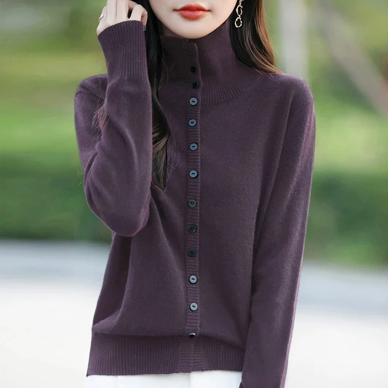 超好看~高翻领针织开衫2025女秋冬设计感单排扣毛衣外套2025