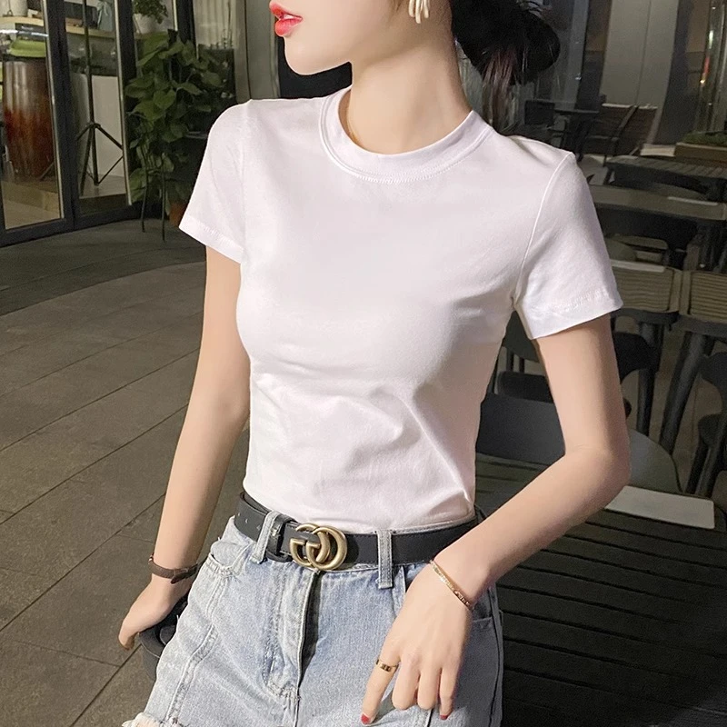 白色半高领短袖t恤女2025春季新款纯色简约紧身显瘦正肩半袖