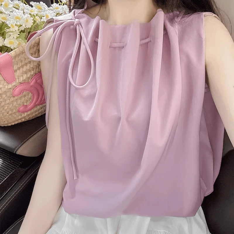 高级感蝴蝶结系带无袖上衣女2025夏季新款设计感百搭圆领褶皱