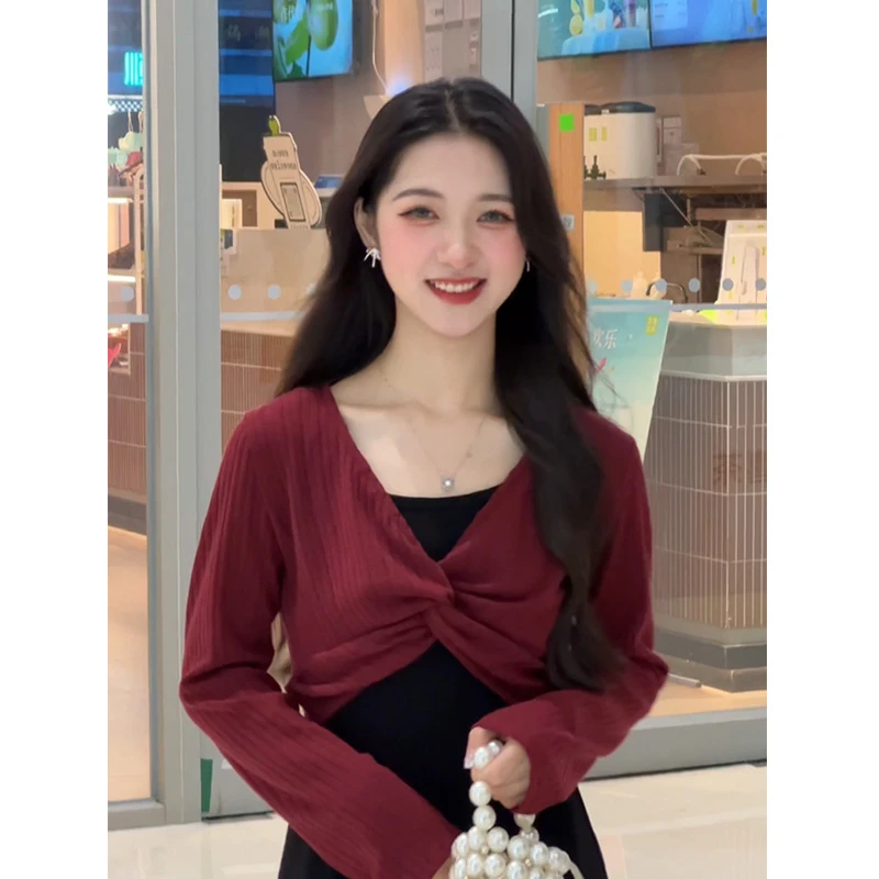 【高级感撞色】法式温柔风长袖上衣+气质设计感吊带连衣裙套装