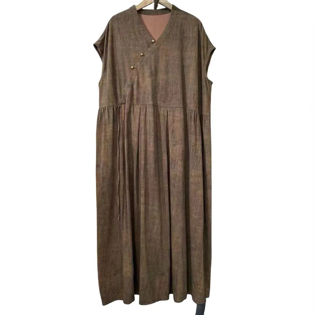 爱尼直播间春夏新款纯棉水印晕染气质时尚复古百搭连衣裙047