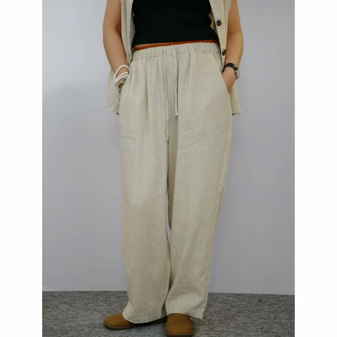 福禧·爱尼秋季新款时尚百搭腰间撞色单层汉麻长裤099