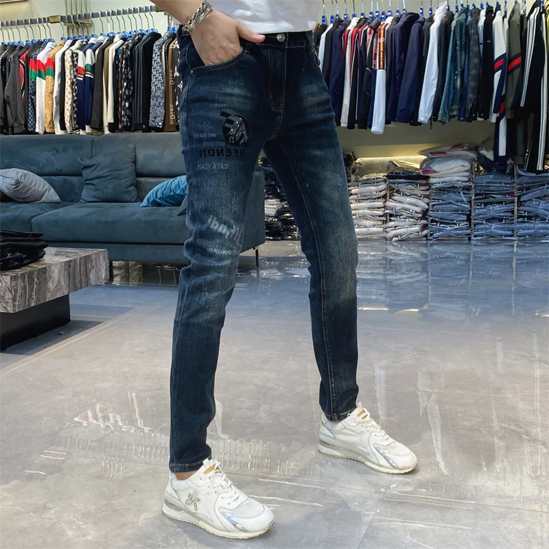 【也许家】新款男士秋冬时尚个性烫钻修身弹力蓝色小脚牛仔裤LL1911