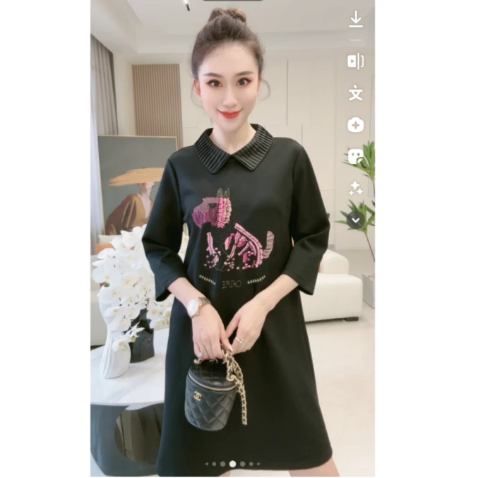 林果&季得 【小美好】小翻领卡通图案百搭减龄中长款连衣裙