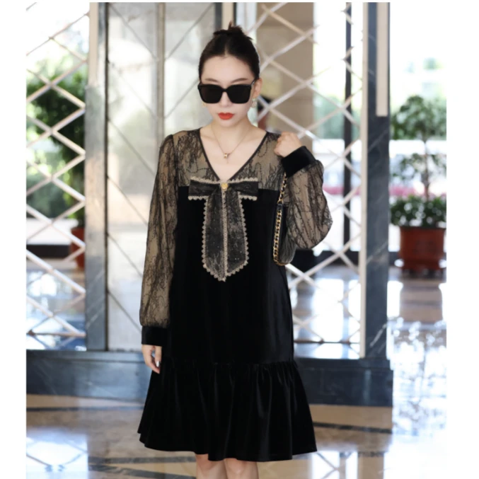 林果&季得 【初见花开】蝴蝶结拼接时尚蕾丝花边秋季中长款连衣裙