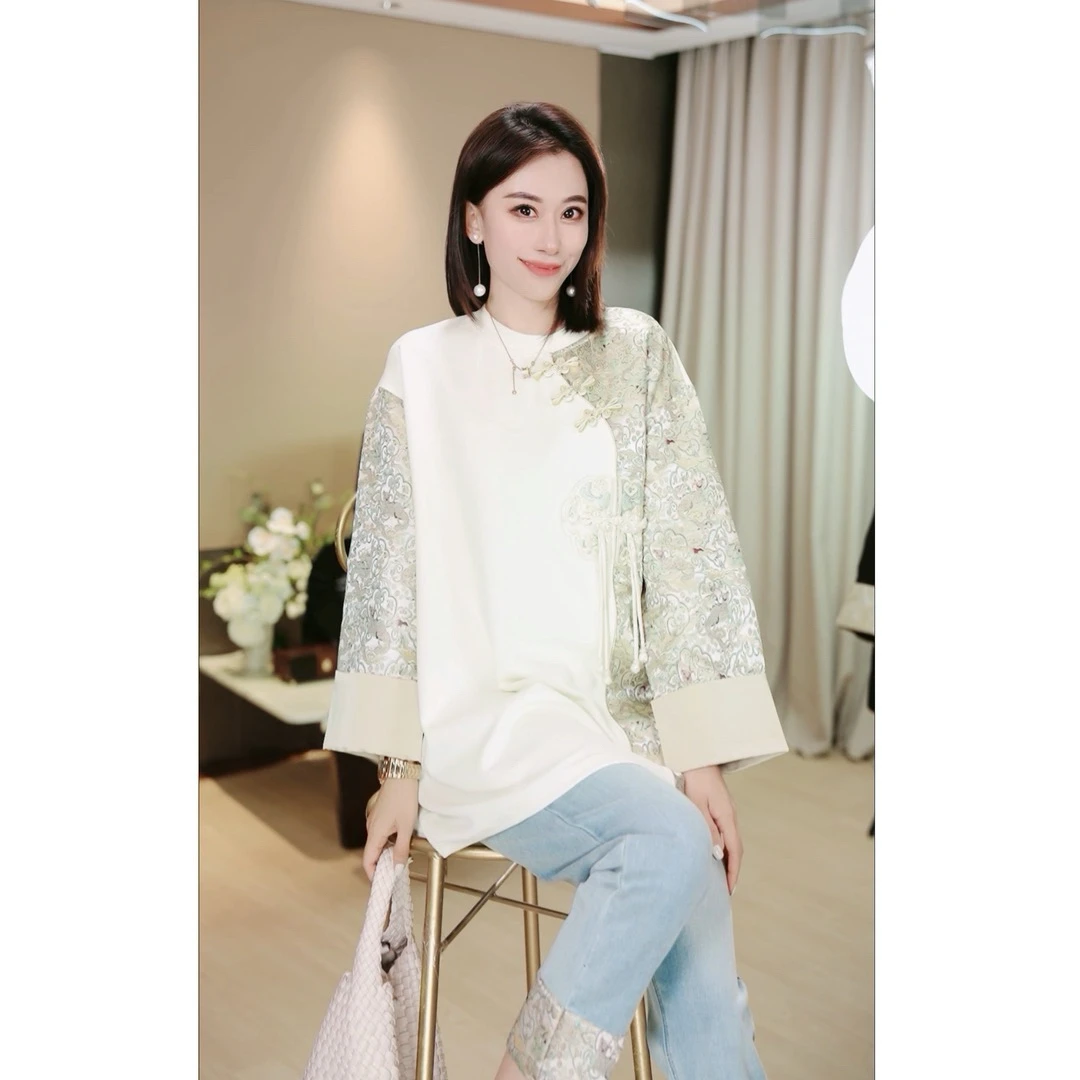 林果&季得 【月下美人】个性拼接时尚盘扣百搭减龄女士长袖T恤