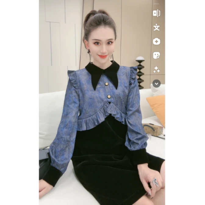 林果&季得 【定格美好】小翻领拼接百搭减龄秋季中长款连衣裙