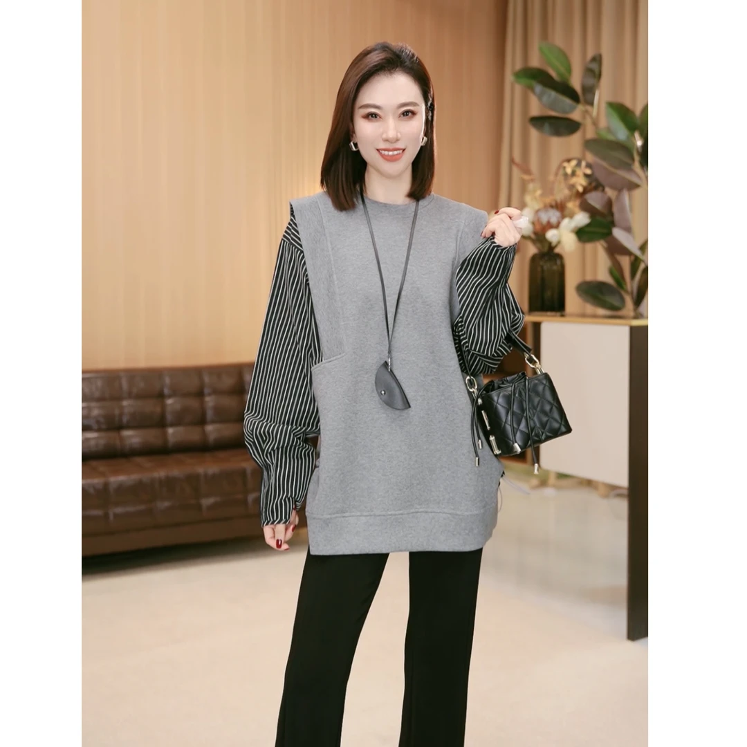 林果&季得 【雾都】时尚减龄气质百搭女士长袖款假两件上衣