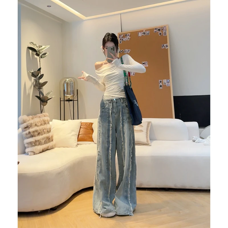 孙妍新款【炫分牛仔裤】高腰宽松设计感竖条流苏毛边阔腿牛仔裤女