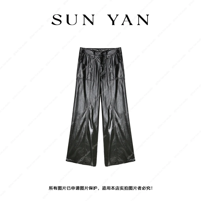 孙妍新款【黑胶皮裤】小众设计感宽松漆皮休闲阔腿裤女2024新款