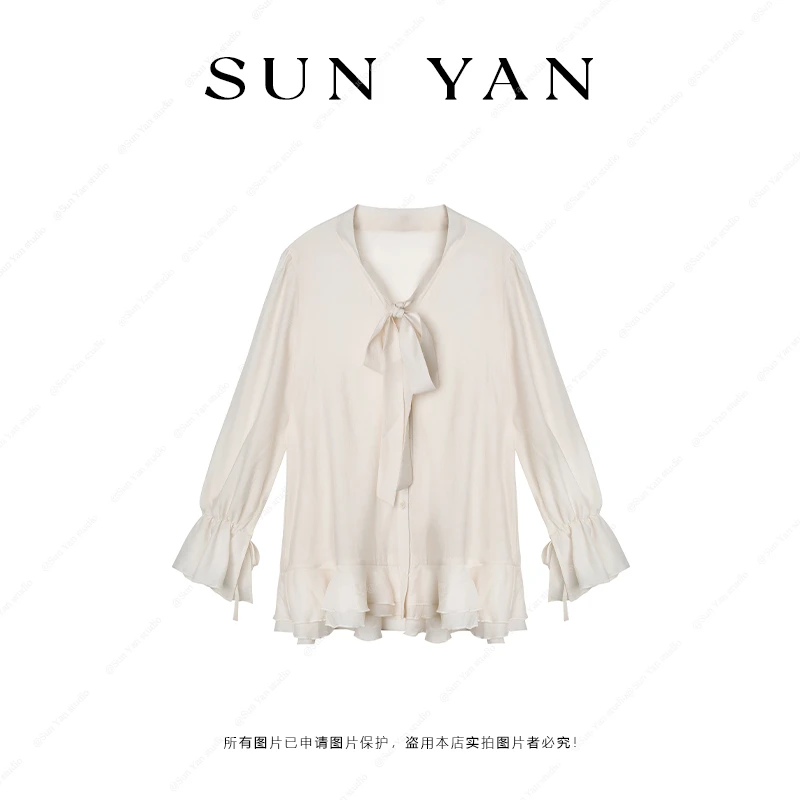 孙妍新款【布尼尔衬衫裙】时尚蝴蝶结飘带V领喇叭袖衬衫连衣裙女