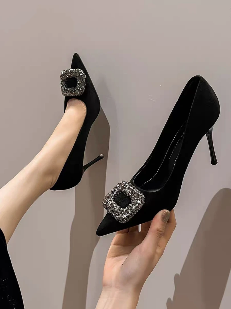 新款方扣水钻法式高跟鞋百搭时尚职业气质单鞋9878-5