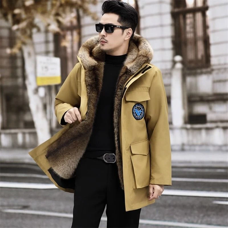 冬季派克服男士新款连帽加厚可拆卸内胆中长款仿皮草保暖风衣外套
