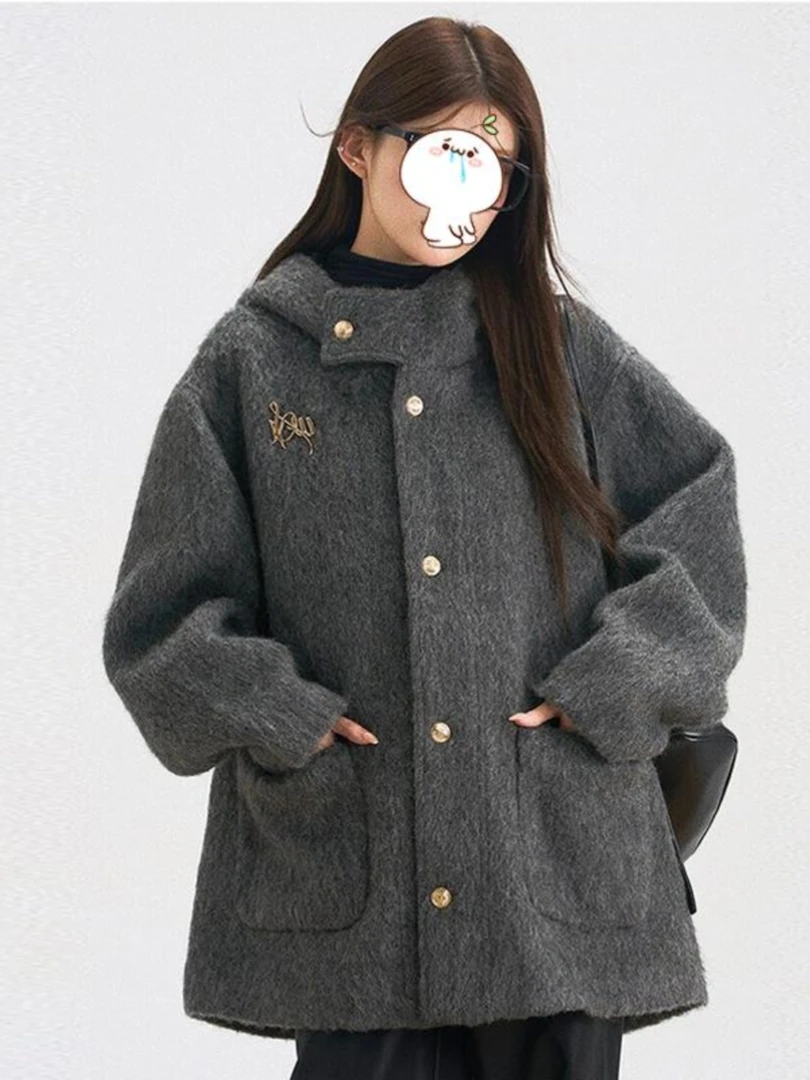 高级感灰色连帽短款毛呢外套女2025新款秋冬宽松显瘦小个子大衣
