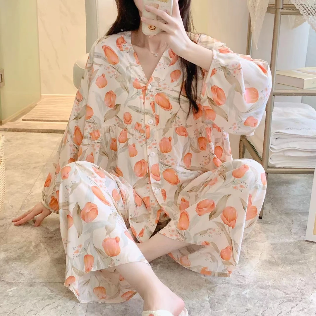 开衫长袖长裤棉绸睡衣女秋薄款宽松人棉家居服日少女大码系绵绸夏