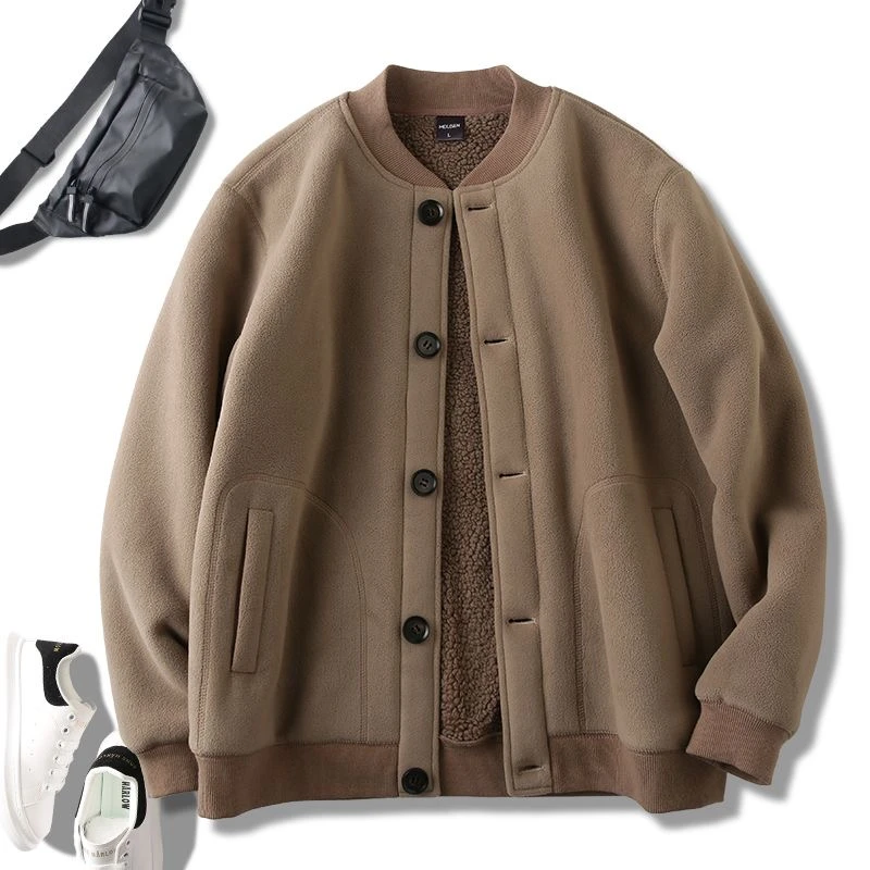 美式复古加绒加厚抓绒衣秋冬季男士棒球领时尚开衫休闲夹克外套潮