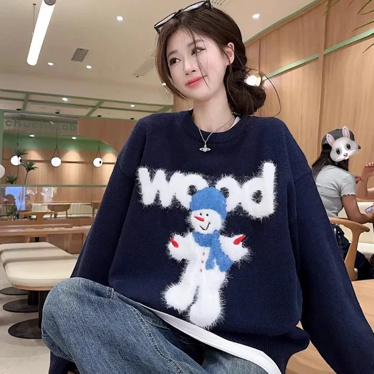 藏青色小雪人慵懒风针织打底衫毛衣女款2025新款深秋初冬穿搭上衣