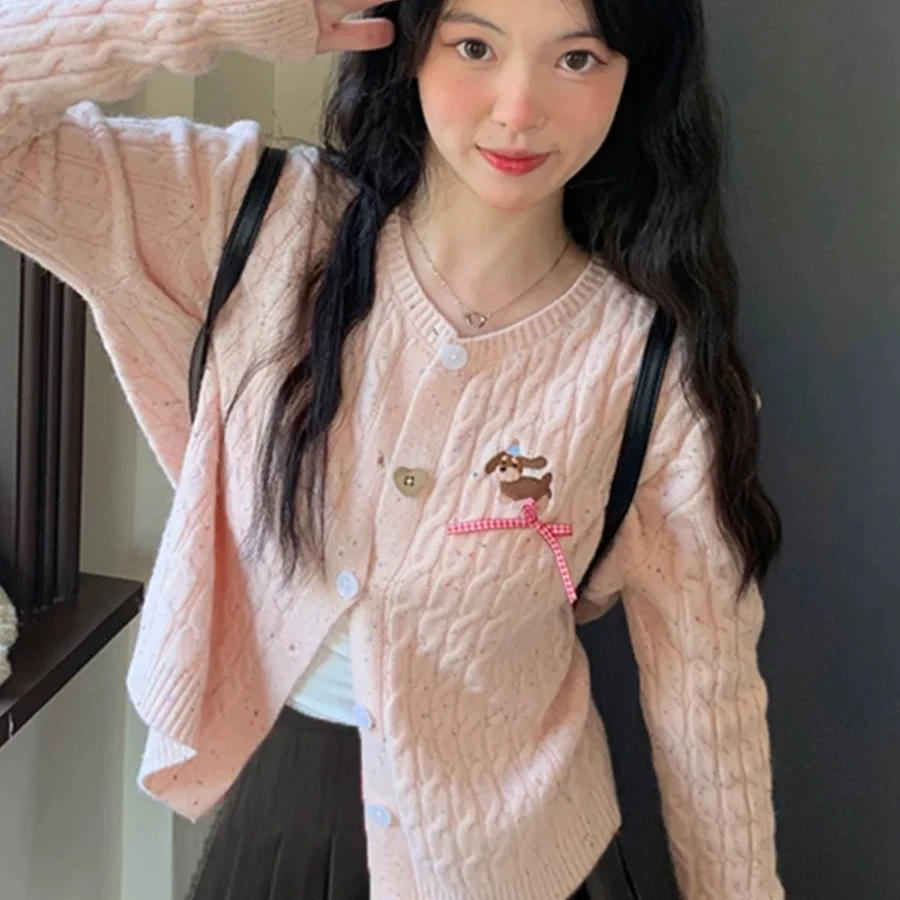 粉色毛衣开衫女学生秋冬款圆领甜美减龄针织衫小个子短款上衣外套