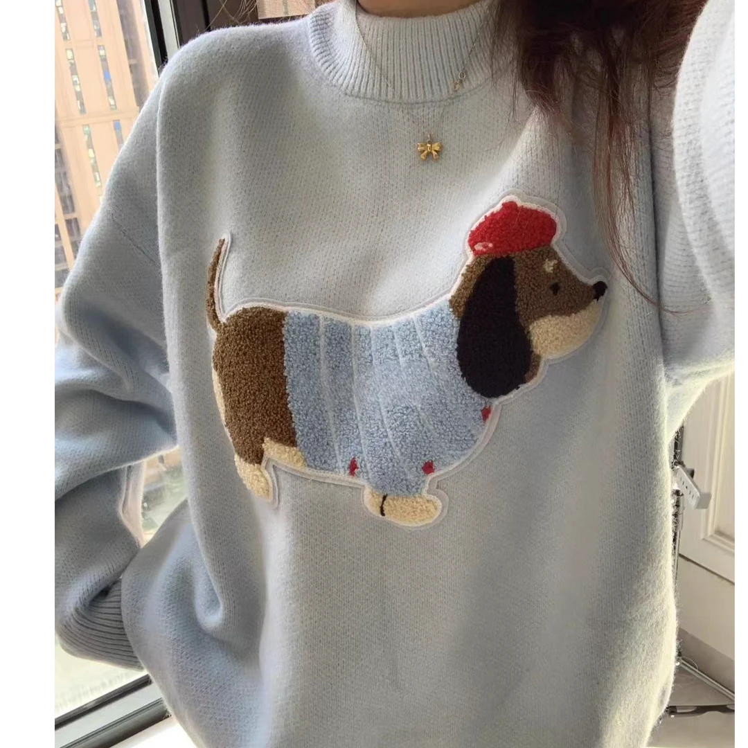 可爱小狗刺绣慵懒毛衣2024秋季圆领潮牌温柔时尚高级感针织衫外套
