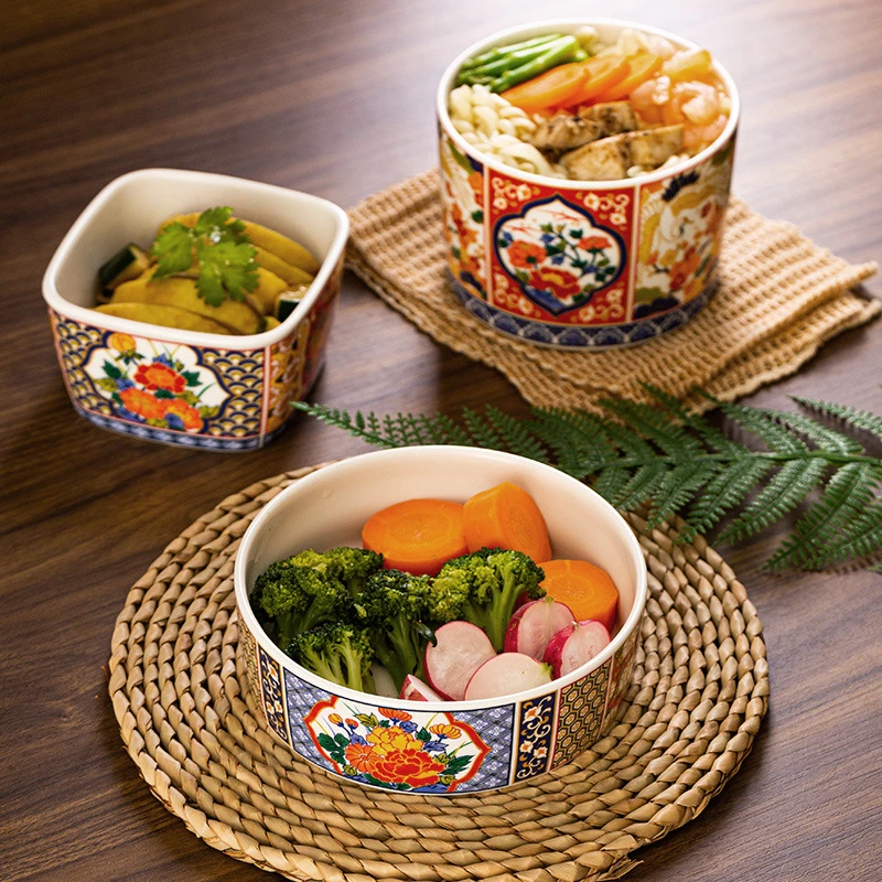 1074千代源绚烂锦系列釉上彩陶瓷保鲜碗圆形方形保鲜碗家政保洁