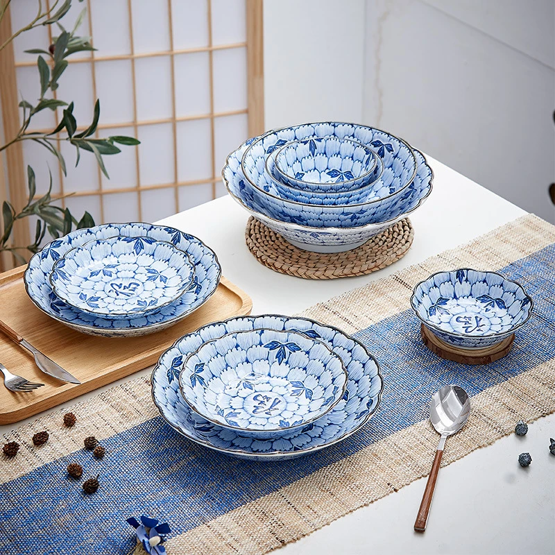 1062日本进口餐具陶瓷花万叶饭钵圆盘釉下彩深盘家用日式菜盘碟