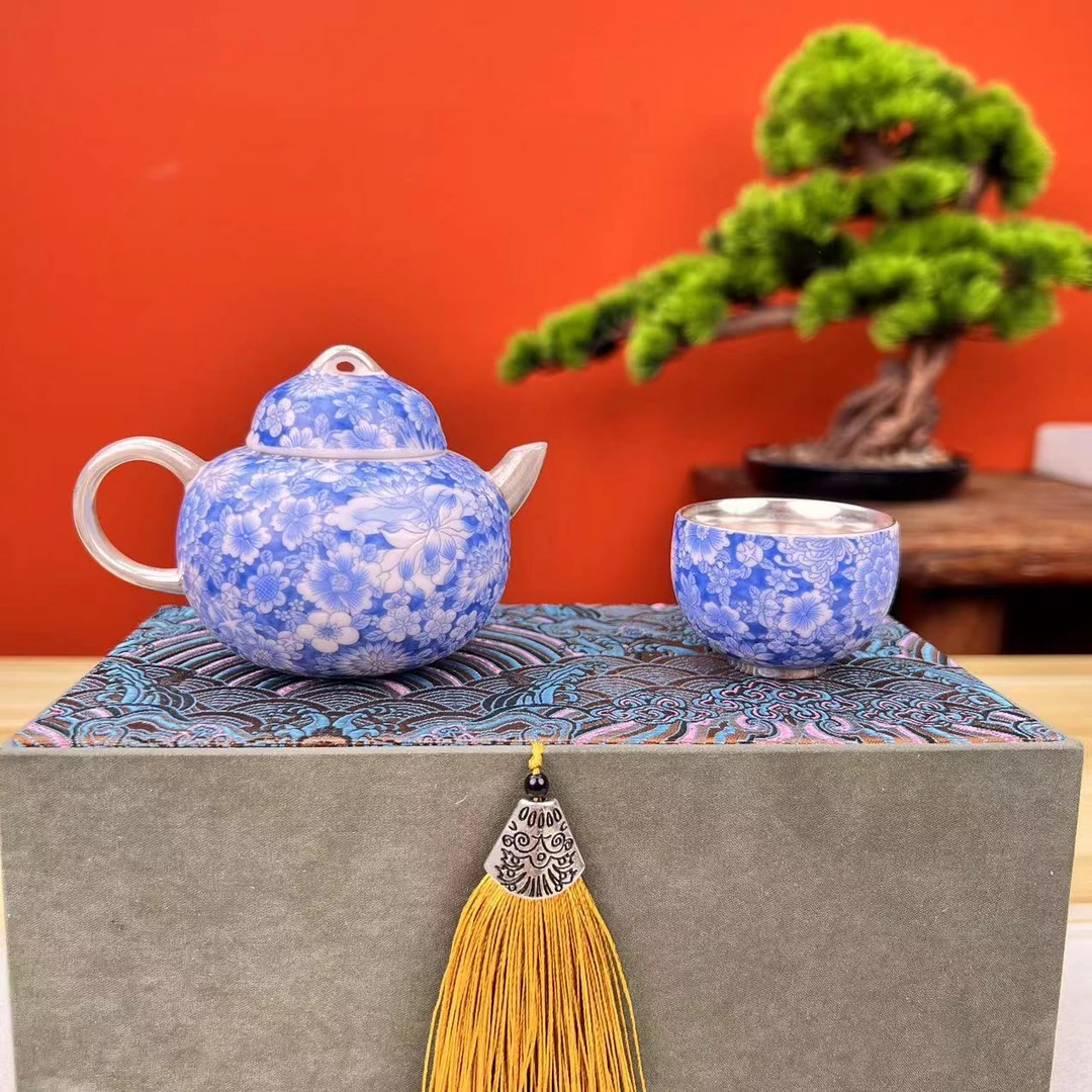 复古银青花瓷一壶一杯银小套装家用功夫茶具高端礼盒JS