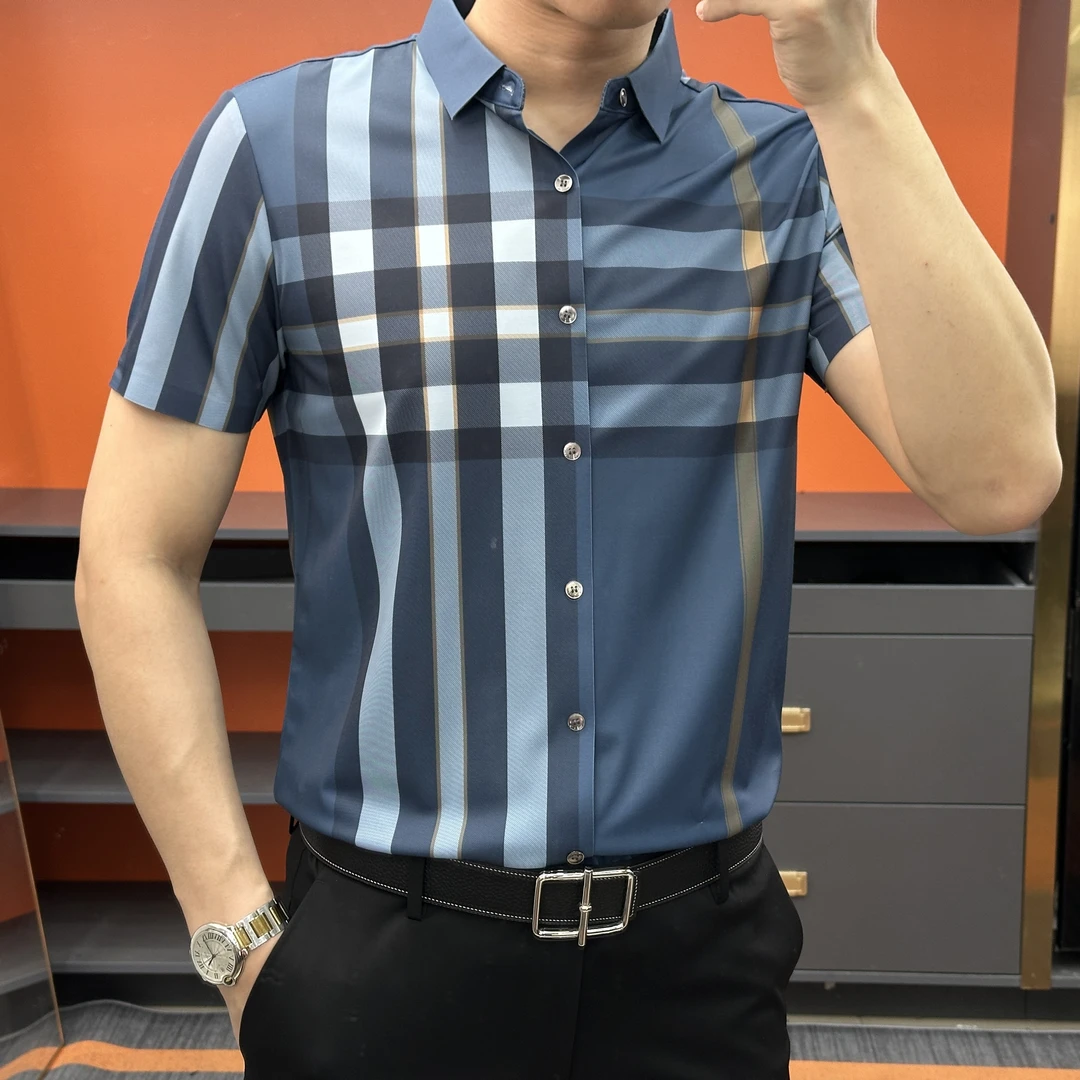夏季新款商务休闲百搭格子衬衣透气轻奢印花方领高弹男士衬衫短袖
