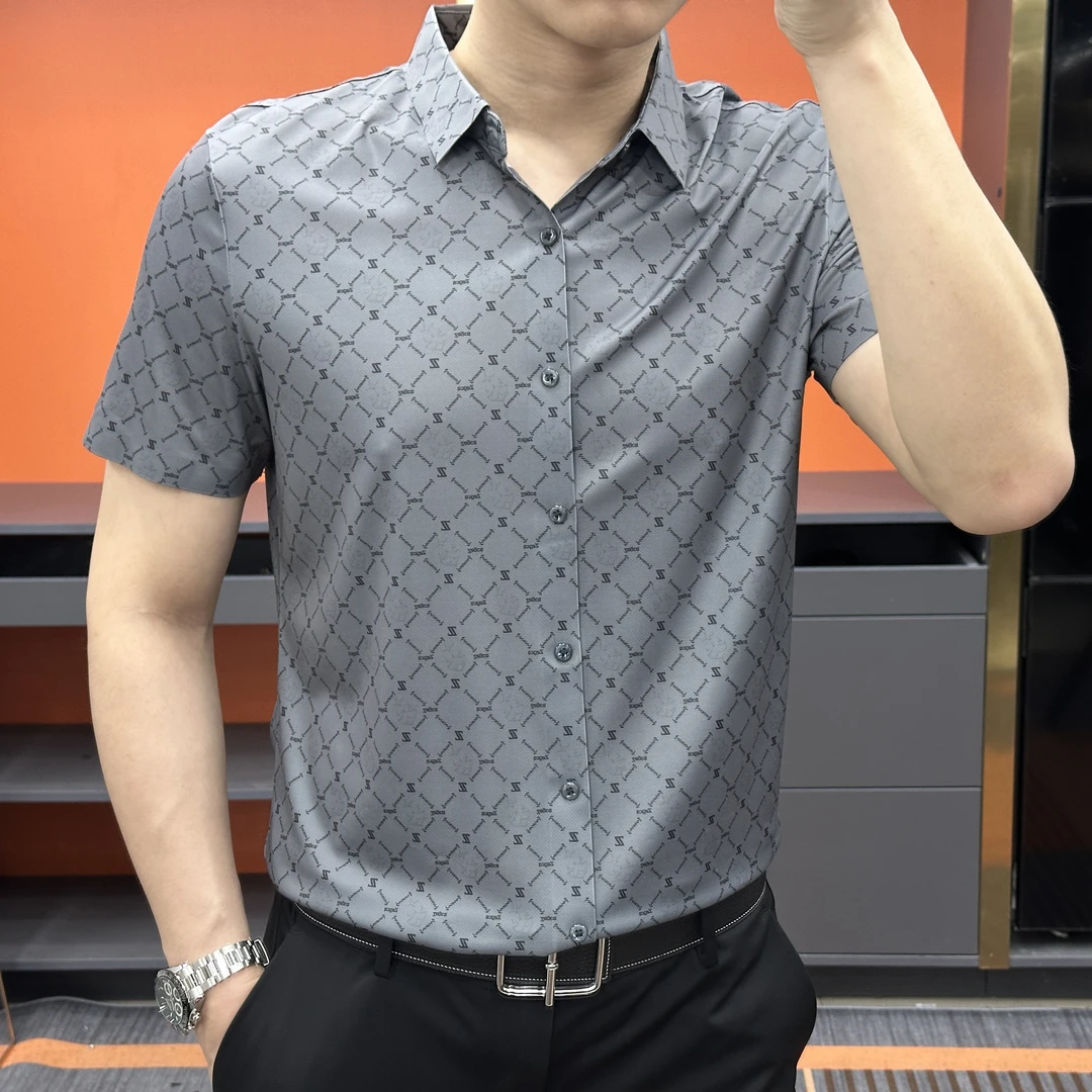 夏季时尚休闲百搭修身轻奢欧美高端印花衬衫免熨高端品质男士衬衣