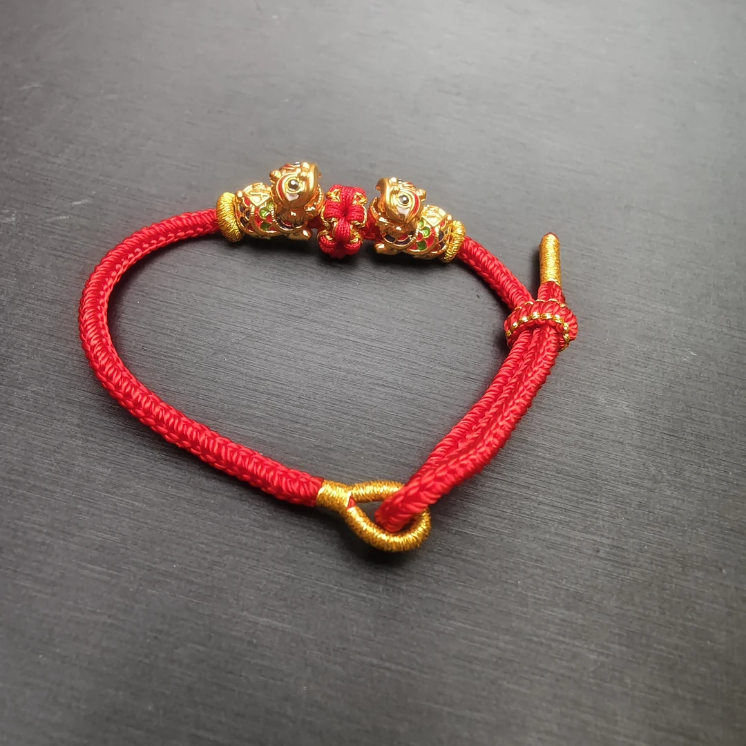 20#足金999 黄金珐琅彩双醒狮转运珠编织手链