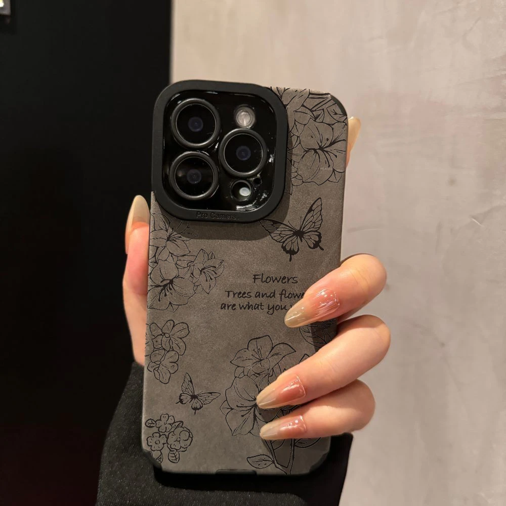 复古线条花卉蝴蝶皮质软壳适用苹果16promax手机壳华为vivo小米